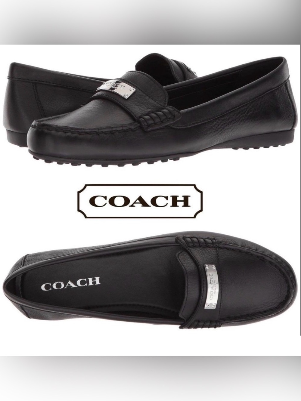 Coach Black Leather Penny Loafers with Silver Plaque